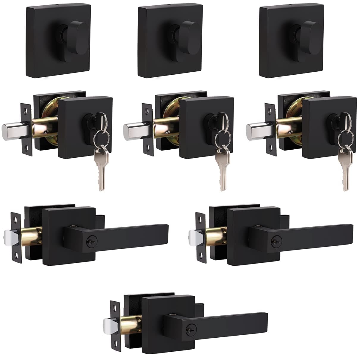 home improvement direct 3 Pack Keyed Entry Door Lever and Single Cylinder Deadbolt Set, Keyed Alike Reversible Lockset, Matte Black Square Interior/Exterior Handleset for Bedroom, Front Door