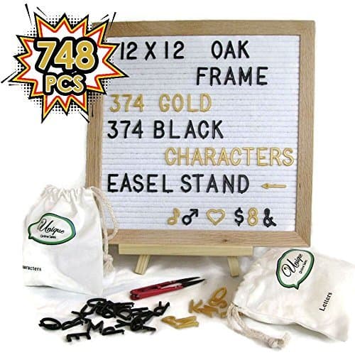 Letter Board, White Felt 12'x12" Oak Frame with Changeable 374 Letters and symbols in black and 374 in Gold, Plus Easel Stand, wall mounting hook. Scissors, 2 pouches, eBook of motivational quotes