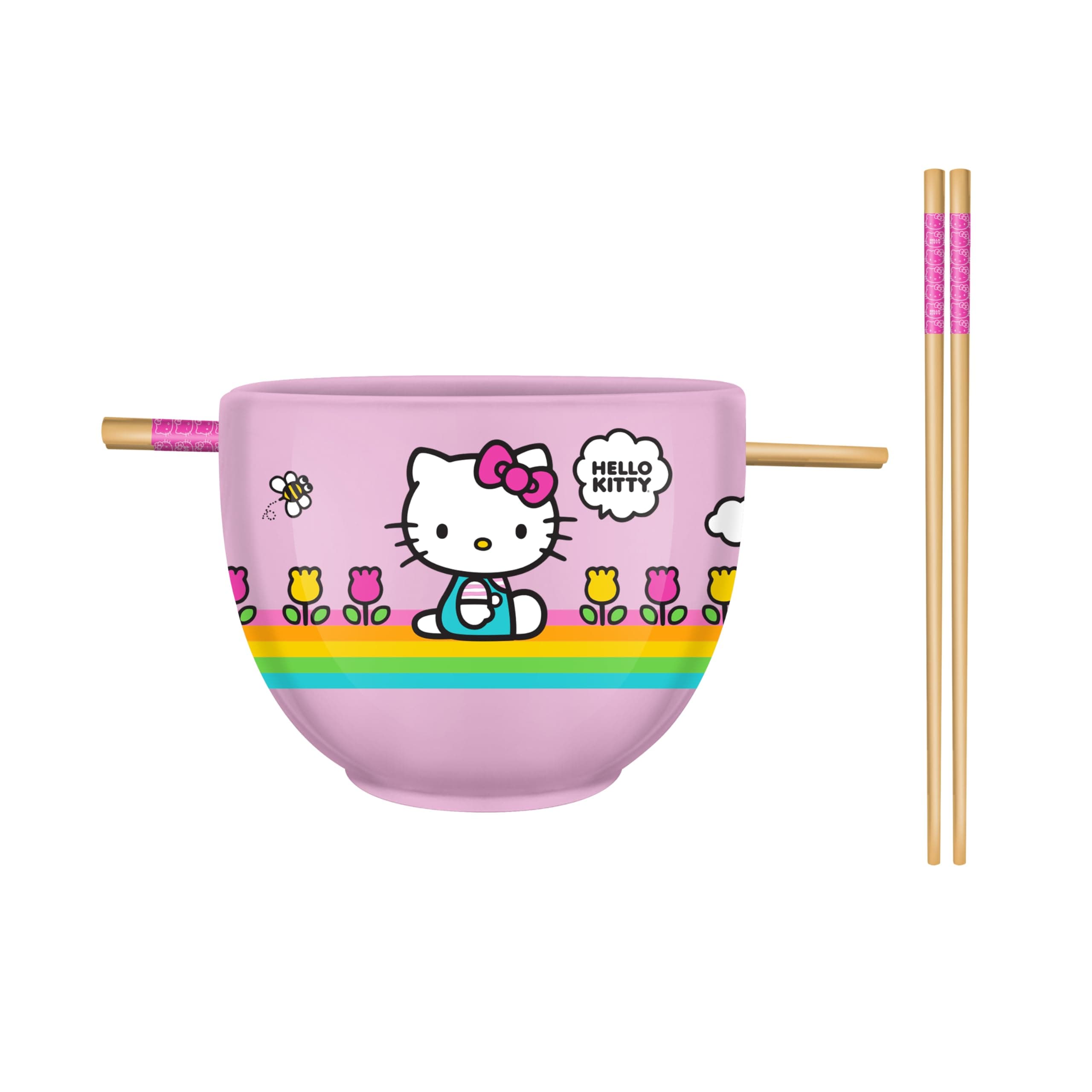 Silver BuffaloHello Kitty Spring and Summer Flowers Rainbow Stripes Ceramic Ramen Noodle Rice Bowl with Chopsticks, Microwave Safe, 20 Ounces