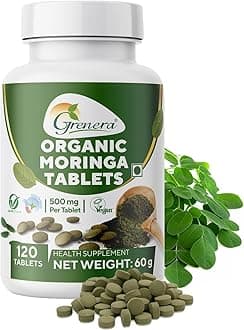 Grenera Organic Moringa Tablets 120 nos, Drumstick Leaf Powder Tablets, Super-Food Shigru, Vegan, Gluten Free, Non GMO