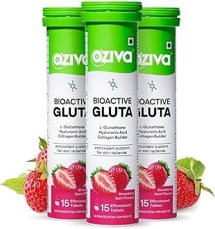 OZiva Bioactive Glutathione Tablets for Radiant Skin - 45 Effervescent Tablets (Pack of 3) | L-Glutathione, Hyaluronic Acid, Lycopene, Vitamin C for Skin Glow & Anti-Pigmentation | Strawberry Swirl