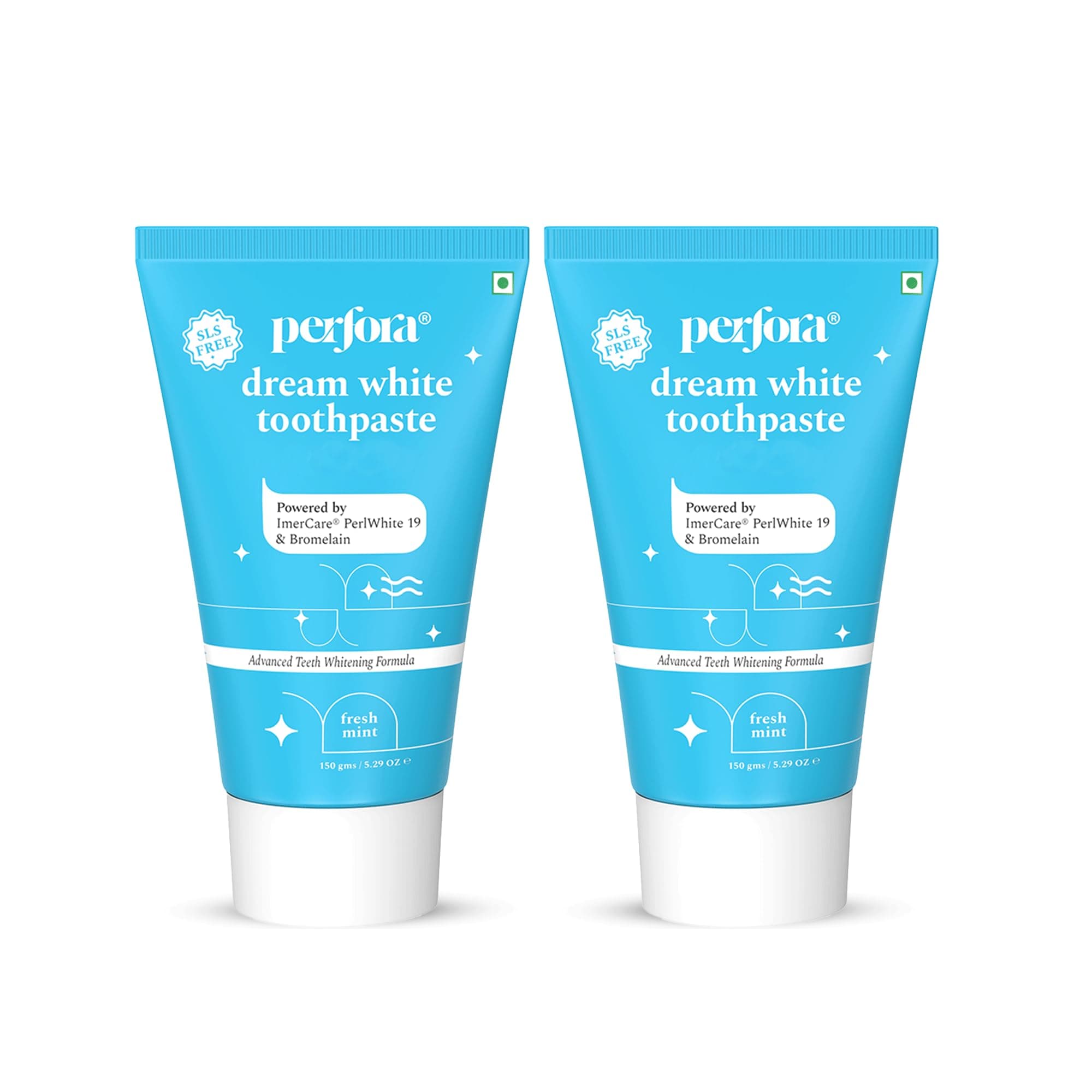 Perfora Whitening Toothpaste - 300 gms (150 gms x 2) | Instant Teeth Whitening | SLS Free, Vegan Friendly Gel Toothpaste - Fresh Mint (Pack of 2)