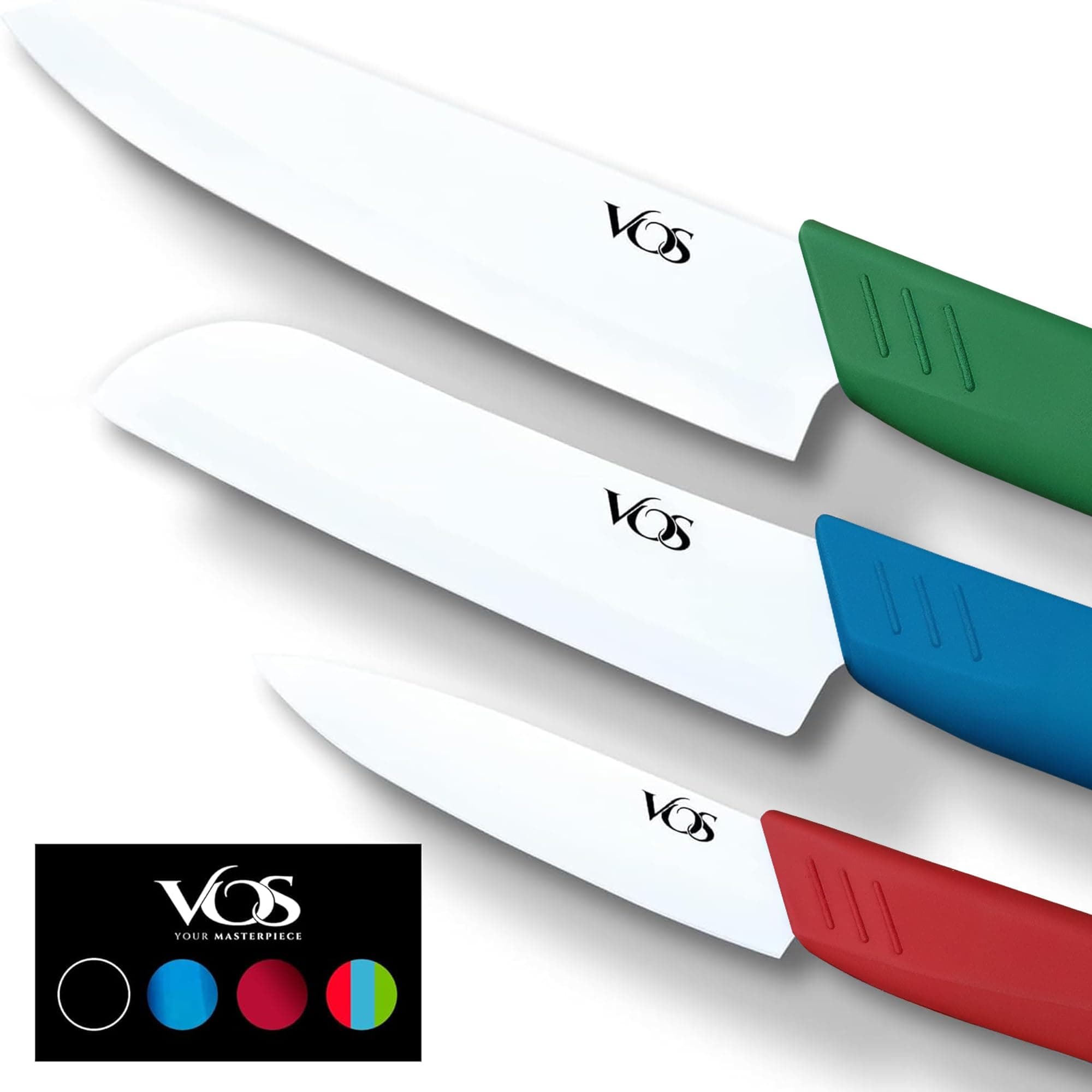 Vos Ceramic Knife Set in Elegant Gift Box, Ceramic Knives Set For Kitchen, Ultra Sharp Kitchen Knife Set with Covers, 4" 5" 6" Paring, Santoku & Chef Knife, Lightweight, Dishwasher safe (Multi-Color)