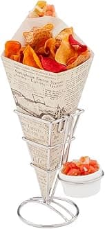 Conetek 10-Inch Eco-Friendly Finger Food Cones with Built-in Condiment Dipping Pocket: Perfect for Appetizers – Food-Safe Paper Cone with Newsprint Styling – Disposable and Recyclable – 100-CT