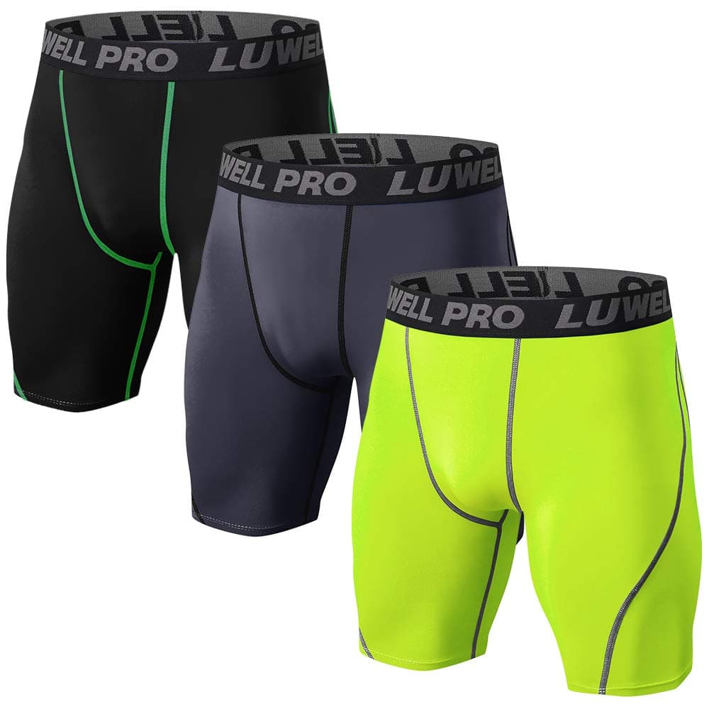 LUWELL PRO Men's 3 Pack Compression Shorts Baselayer Cool Dry Sports Tights Athletic Undershorts for Running,Workout,Training