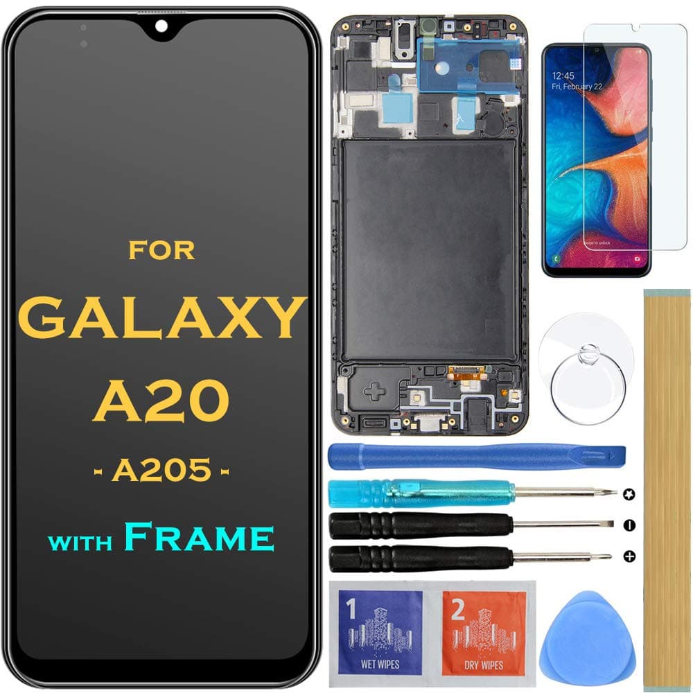 Glass Screen Replacement Lcd Display Touch Digitizer Assembly With Frame For Samsung Galaxy A20 A205 Sm-A205F/Ds Sm-A205U A205Fn A205Gn/Ds A205Yn A205G/Ds Sm-A205W 6.4" (Black With Frame)