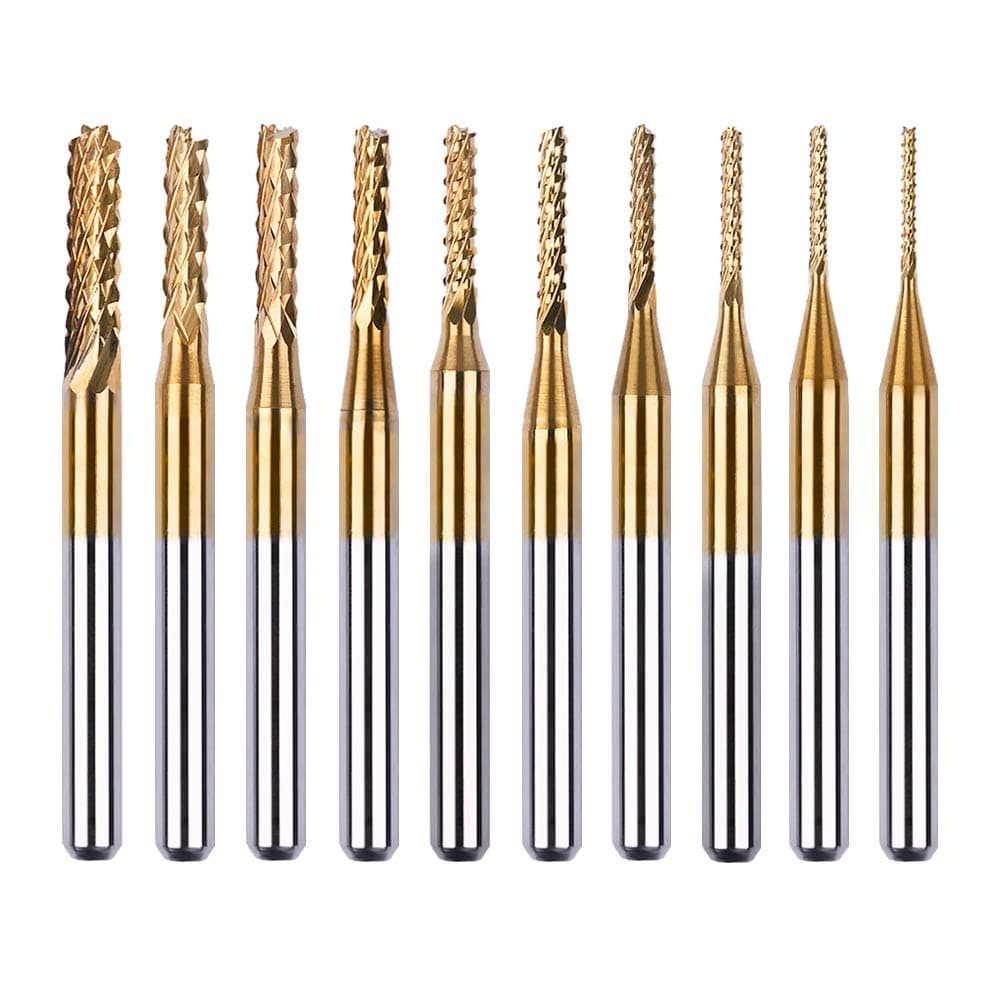 10Pcs Titanium Coat Carbide End Milling Engraving Bits, 1/8 inch Shank CNC Rotary Burrs Bit Set for PCB SCM Circuit Board Plastic Fiber Wood Rotary Drilling Tool Accessory, 0.8mm-3.175mm