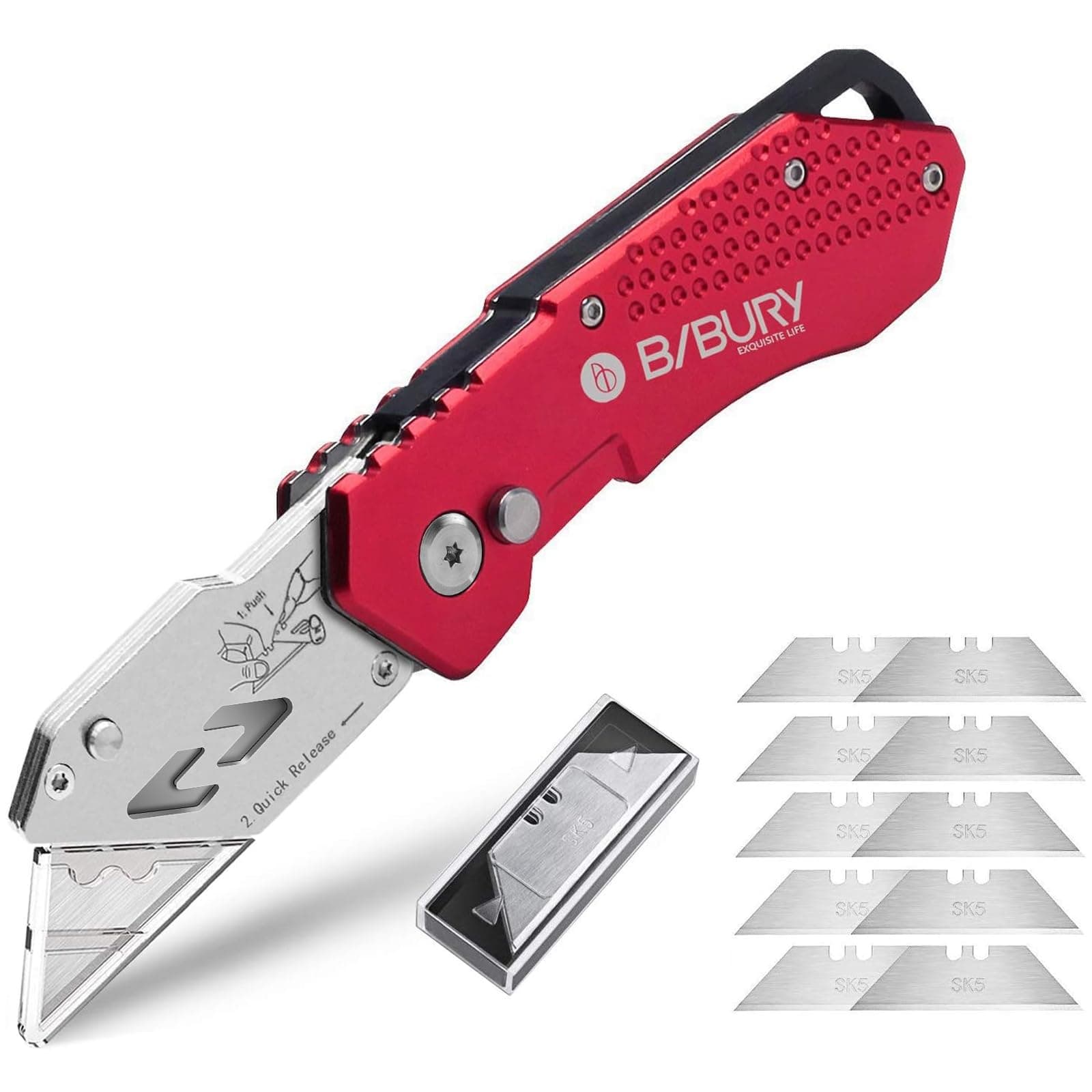 Utility Knife, Upgraded Version Heavy Duty Box Cutter, Pocket Carpet knife with 10 Replaceable SK5 Stainless Steel Blades, Belt Clip, Easy Release Button, Quick Change and Safety Lock-Red
