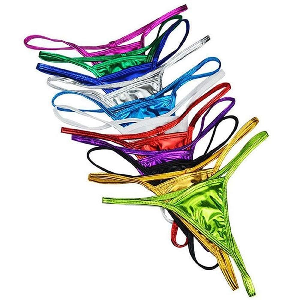 HAROT Sexy Micro Mini Thong Metallic G String Shiny Underwear Erotic Lingerie 7 Pack In Blue, Gold, Rose Red, Purple, Black,Silver & Red