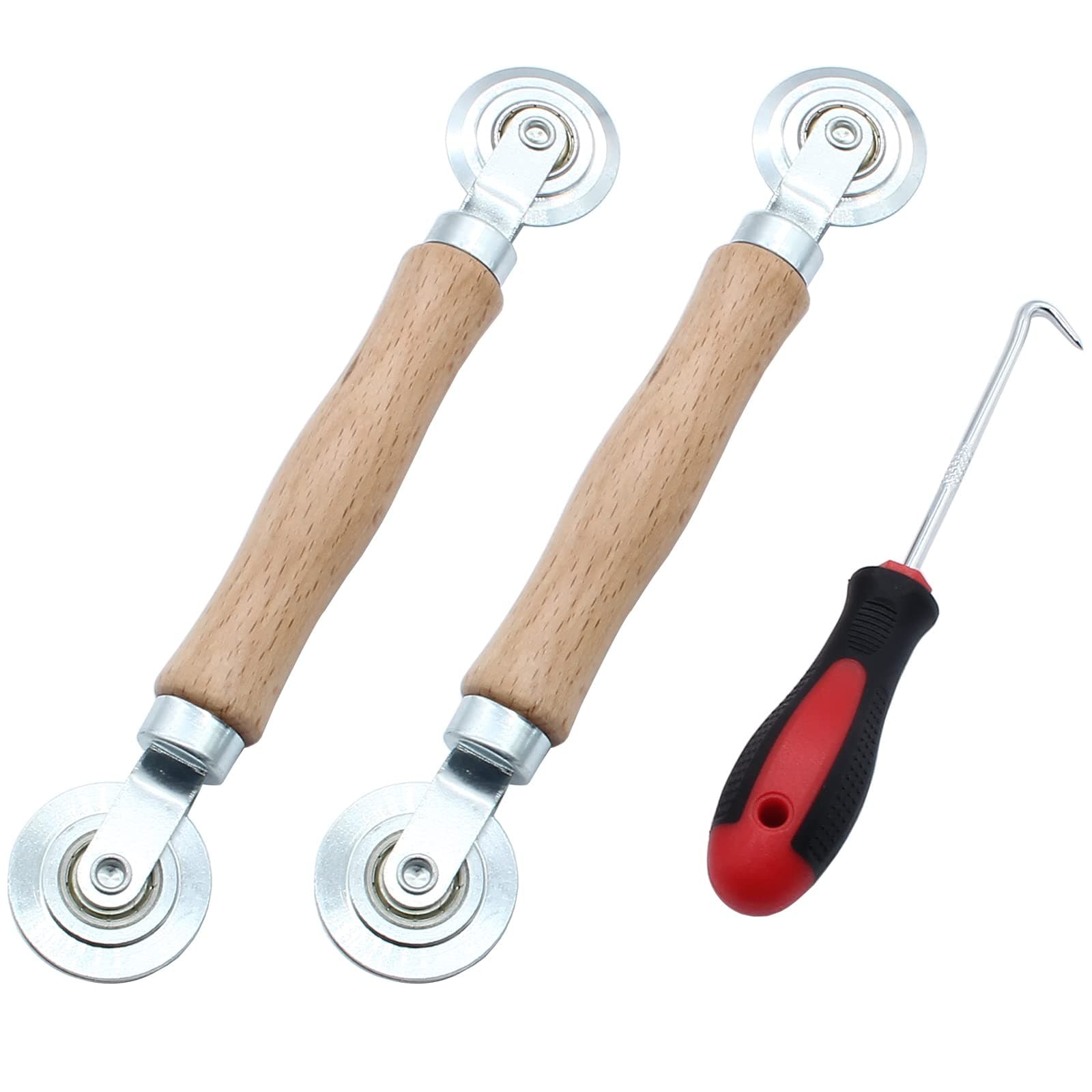 3 Pcs Window Door Screen Repair Kit, Screen Spline Roller Tool with Wooden Handle & Stainless Steel Bearing Wheels and Removal Hook