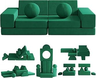 Kids Couch, 12PCS Fold Out Toddler Couch with 2 Balls and Tunnel, Modular Kids Couch for Playroom, Kids Play Couch for Kickball Game, Pitching Game, Over 30 Creative Gameplay Couch for Kids (Green)