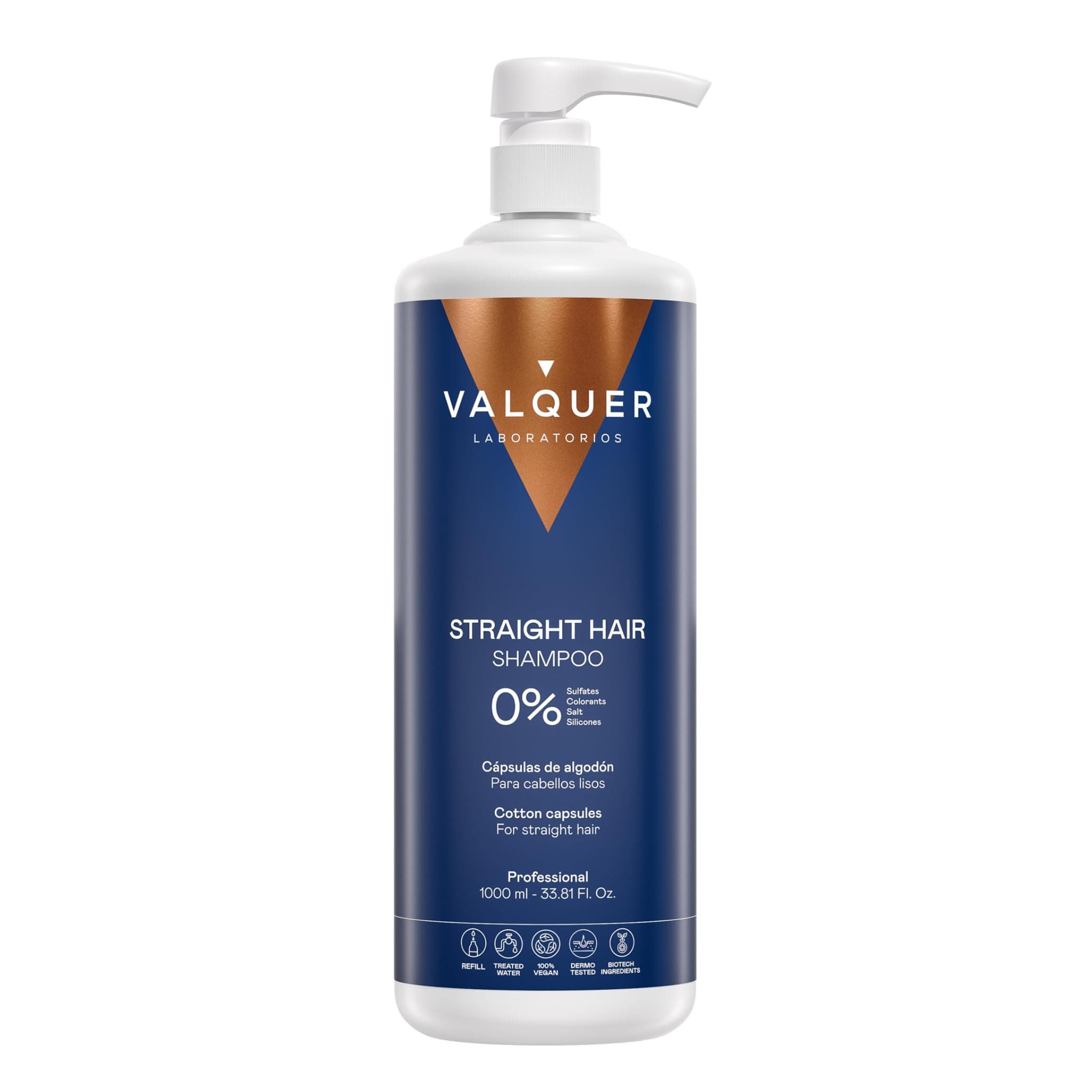 Valquer Formula Zero Shampoo for Straight Hair. Cleanses and protects hair, providing shine and smoothness without frizz. With cotton capsules, panthenol, fucogel, and vitamin E. Vegan. 1L.