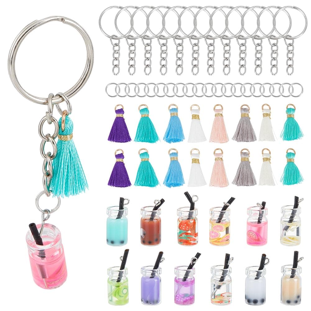 OLYCRAFT 60pcs Bubble Tea Keychain Kit Colorful Boba Keychains Making Kit Milk Tea Keychain Accessories Boba Charms Milk Cup Pendants with Tassels Keychains Rings for DIY Jewelry Making