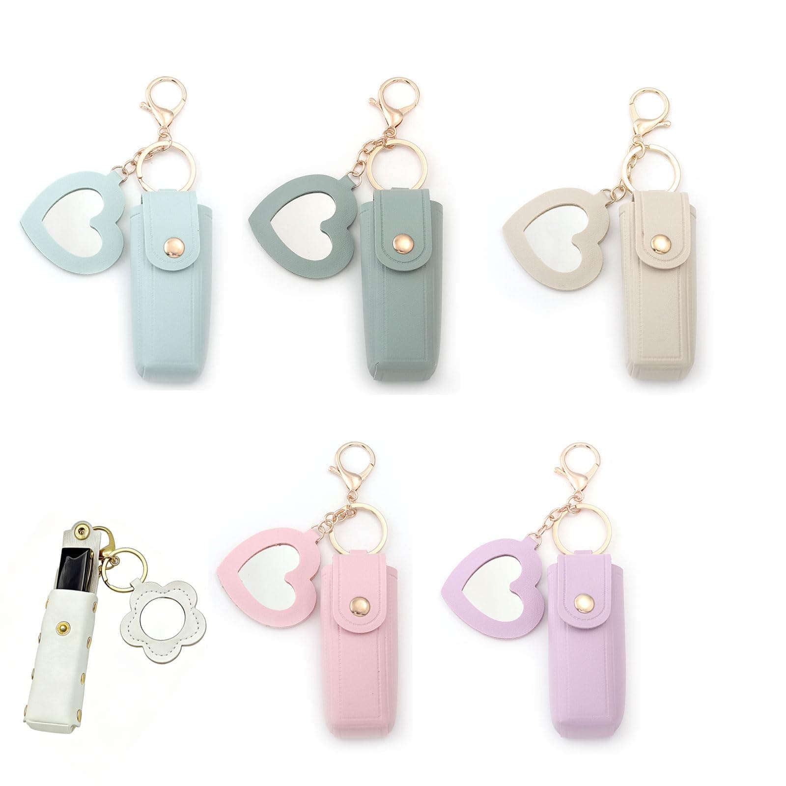 4 Pcs PU Leather Chapstick Holder Keychain with Mirror