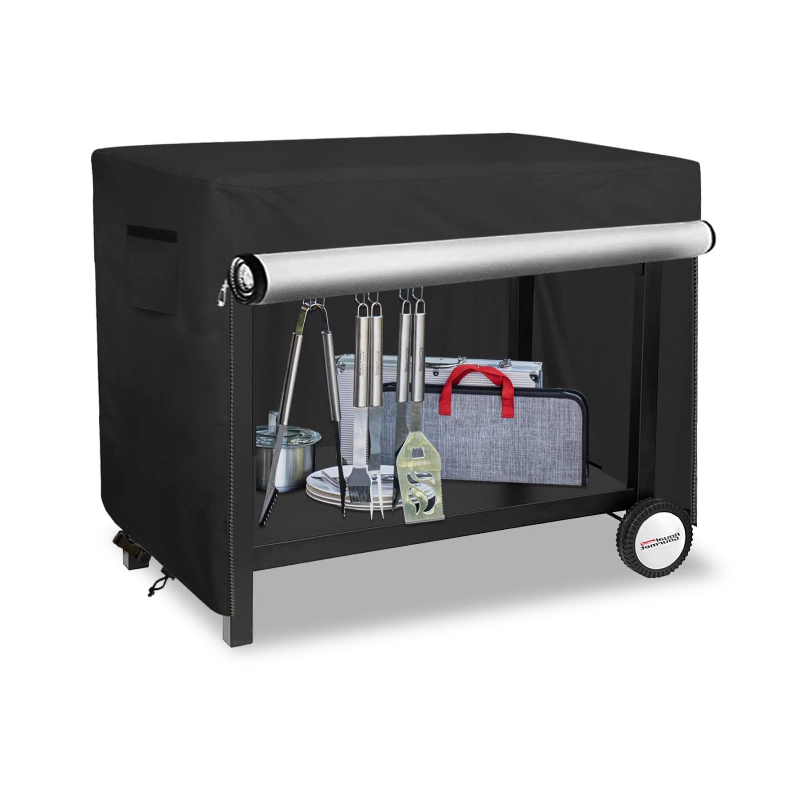 Bitubi Outdoor Dining Cart Cover for Royal Gourmet Worktable PC3401B/PC3401S, Heavy Duty Waterproof Anti-UV Double-Shelf Movable Dining Cart Work & Prep Table Cover (Black)