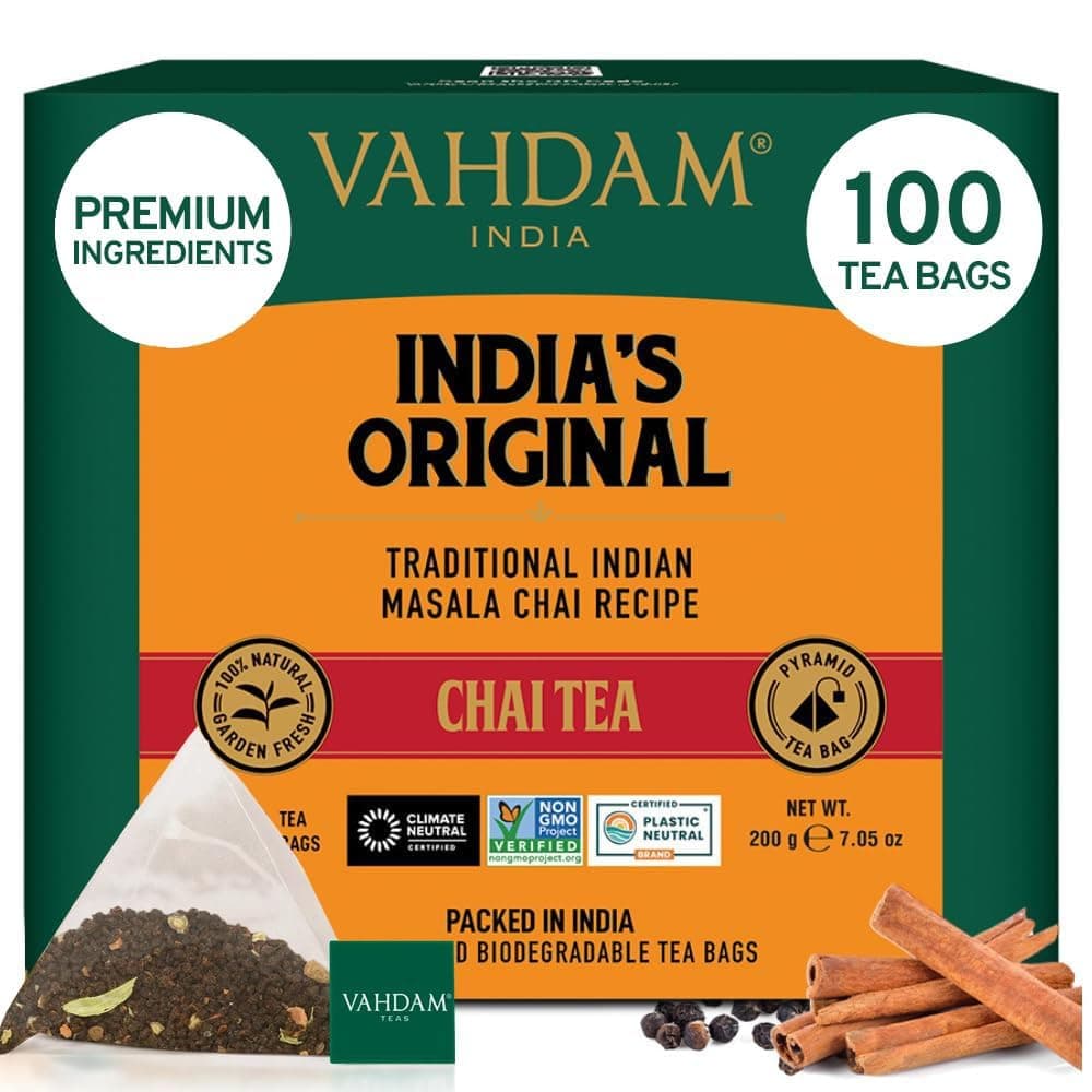 Masala Chai Tea Bags (100 Tea Bags), Strong & Robust Spiced Tea | 100% Halal Certified | 100% Real Spices - Cardamom, Cinnamon, Black Pepper, Cloves | Brew Hot Tea/Chai Latte