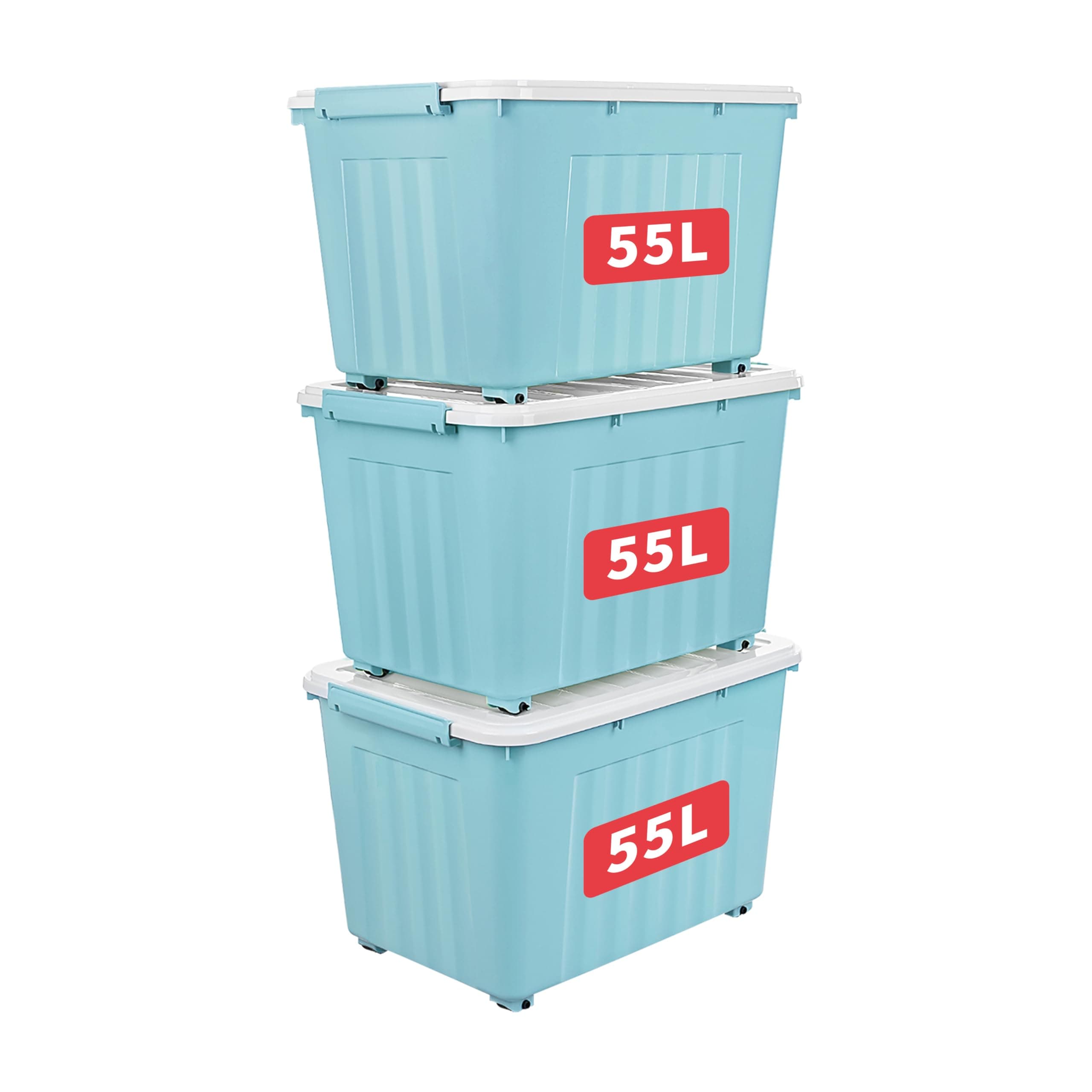 Cetomo 55L*3 Storage Boxes with Lids, Plastic Storage Box with Wheels and Secure Side Latches, Stackable & Nestable Organizer for Home, Office, Moving, PP, Blue, 55L-3 Pack