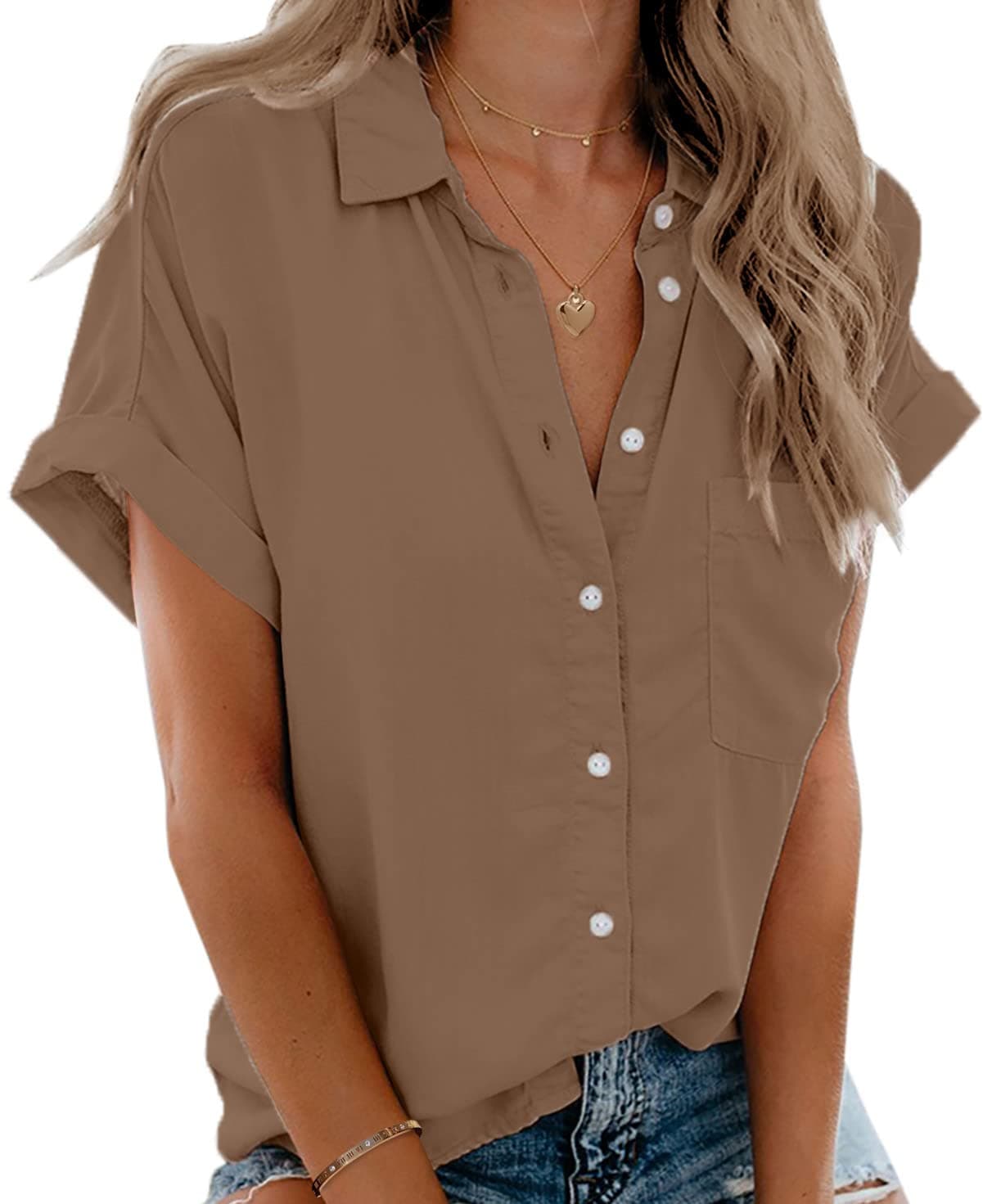 Womens Short Sleeve Shirts V Neck Collared Button Down Shirt Tops with Pockets