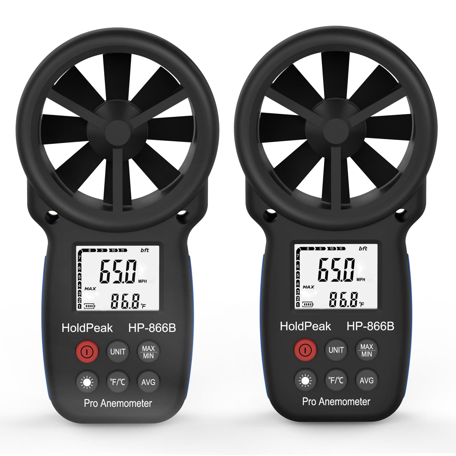 [2 PCS] HoldPeak 866B Handheld Anemometer, Digital Wind Speed Gauge Meter, Air Flow Velocity Temperature CFM Measuring Device for HVAC Outdoor Sailing Shooting Golf