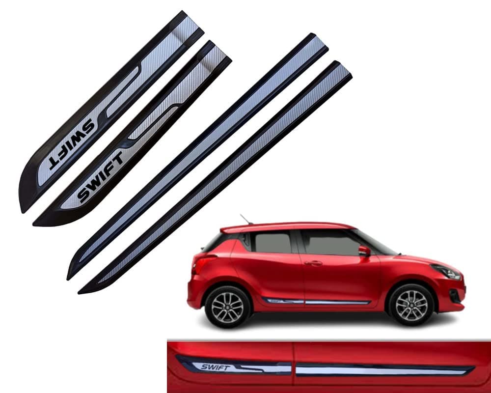 Car Door Side Beading Moulding Silver Black Colour Compatible for Maruti Swift All Models Set of 4 Pieces | Plastic