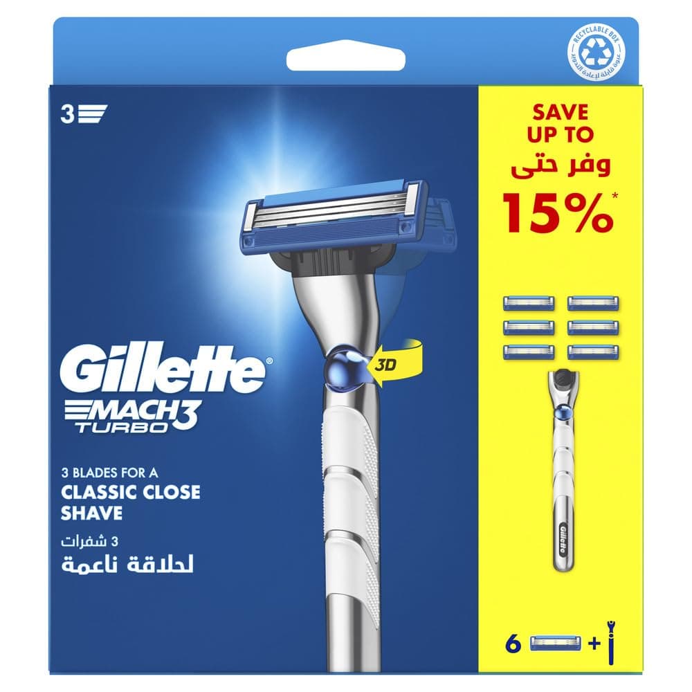 Gillette Mach3 Turbo Men's Refillable Razor: Handle + 6 Blade Refills
