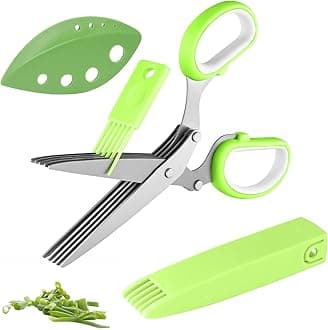 Joyoldelf Gourmet Herb Scissors Set - Master Culinary Multipurpose Cutting Shears with Stainless Steel 5 Blades, Stripping Tool, Safety Cover and Cleaning Comb for Cutting Cilantro Onion Salad