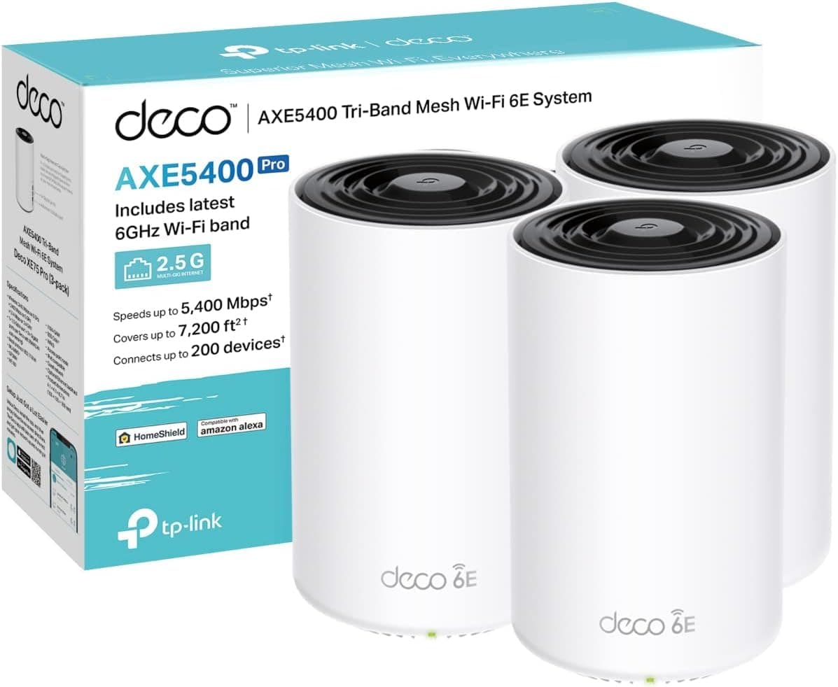 Deco XE75 Pro(3-pack) AXE5400Mbps Mesh WiFi 6E System, True Tri-Band Speed, 2.5 Gbps Port, AI-Driven, Coverage up to 7200ft², WiFi Router and Extender Booster, Gaming & 4K, Easy Setup