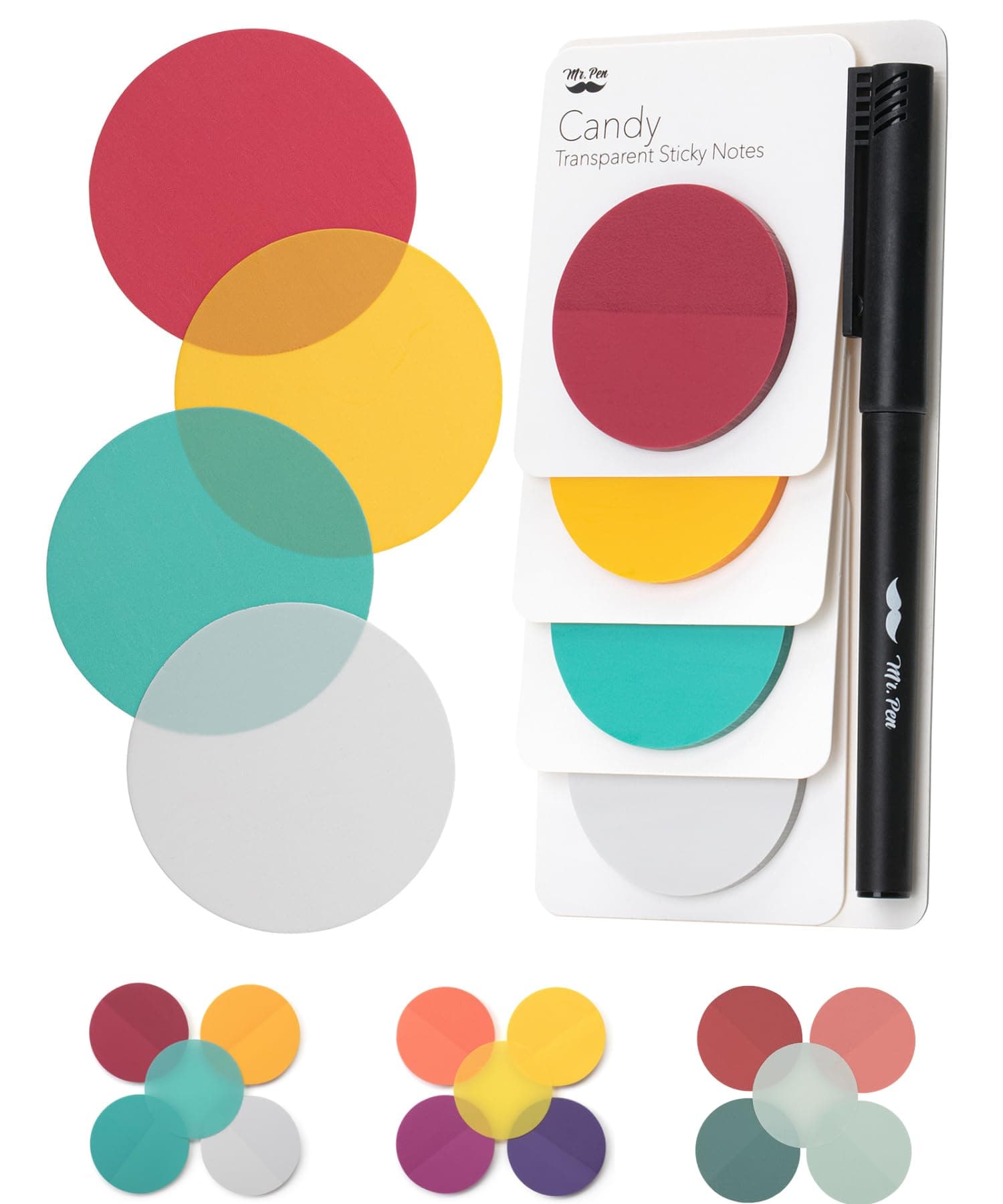 Mr. Pen- Transparent Sticky Notes, 200 Pcs, Candy Colors, Round Translucent Sticky Notes