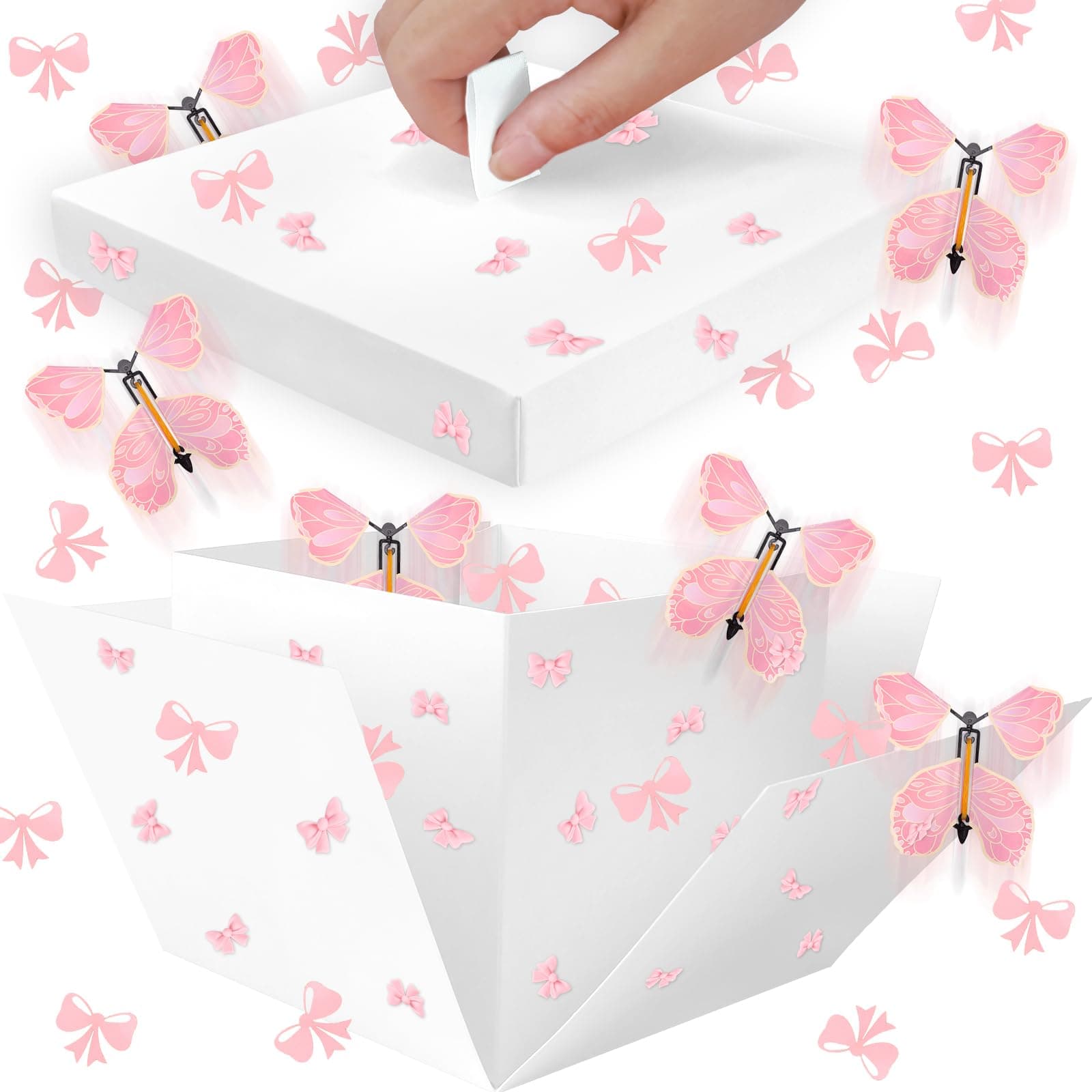 3D Pink Bow Flying Butterfly Explosion Gift Box, Pop Out Unique Exploding Surprise Box with 3D Ornament for Christmas, Birthdays, Wedding, Pink Bow Party Decorations (A)
