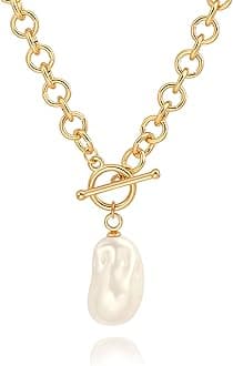 18k Gold Plated Chain Link Necklace for Women, Baroque Pearl/Compass Pendant Necklace