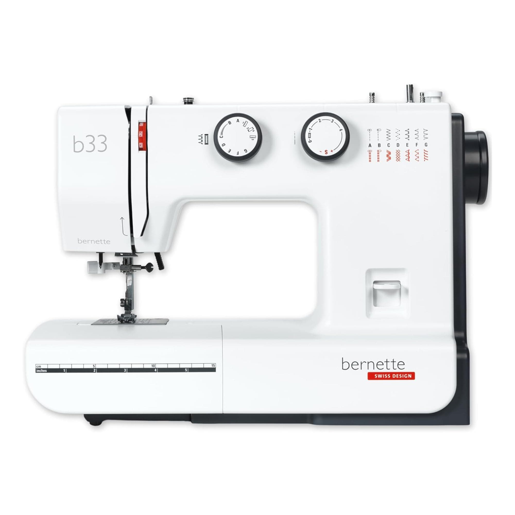 Bernette B33 Swiss-Designed Mechanical Sewing Machine | 15 Stitches, Semi‑Automatic Needle Threader, 5 mm Stitch Width, 2‑Step Presser Foot Lift, Manual Thread Cutter