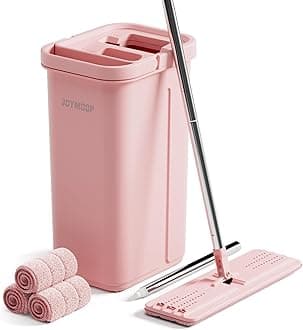 JOYMOOP Mop and Bucket with Wringer Set, Hands Free Flat Floor Mop and Bucket, 60" Mop with 3 Reusable Microfiber Pads, Wet and Dry Use, Floor Cleaning System - Pink