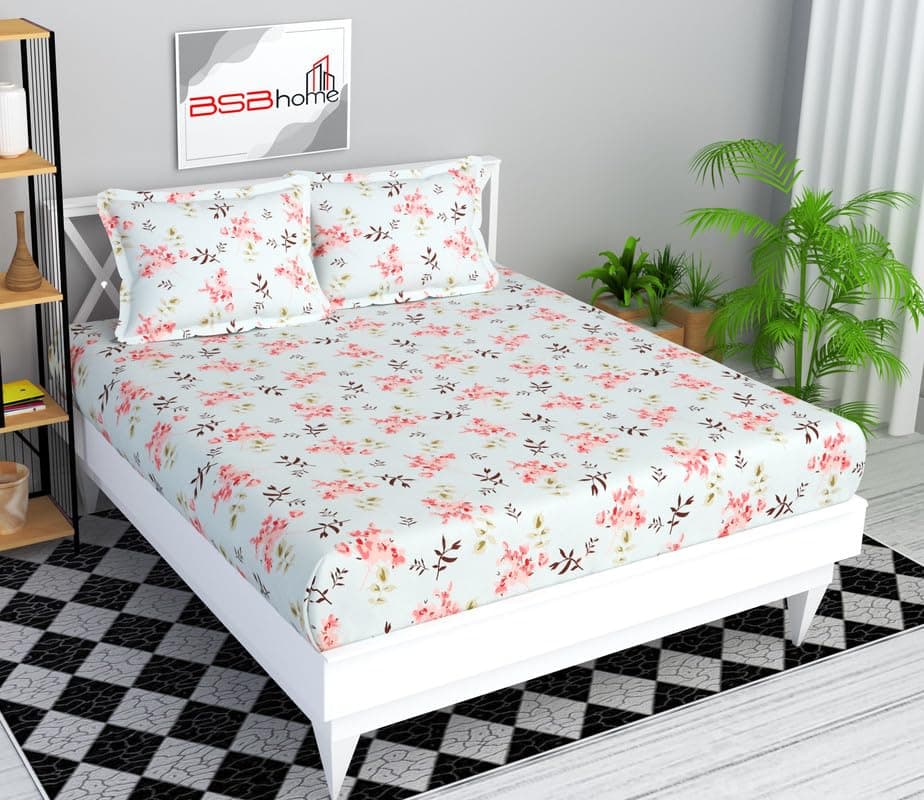 BSB HOME Premium Cotton Flat Double Bedsheets with 2 King Size Pillow Covers | Double Bed Breathable | Wrinklefree | Ultrasoft 200 TC Supersoft | 90x90 Inches| Aqua & Pink Flower