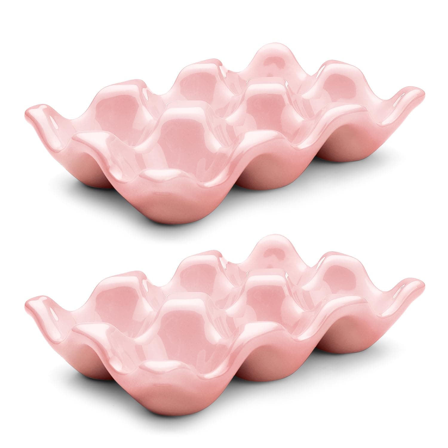 Flexzion Porcelain Egg Crate - 6-Egg Capacity Ceramic Egg Tray, Half Dozen Egg Holder for Fridge, Countertop Display - Pink Decorative Serving Dish and Storage Organizer, 2 Pack