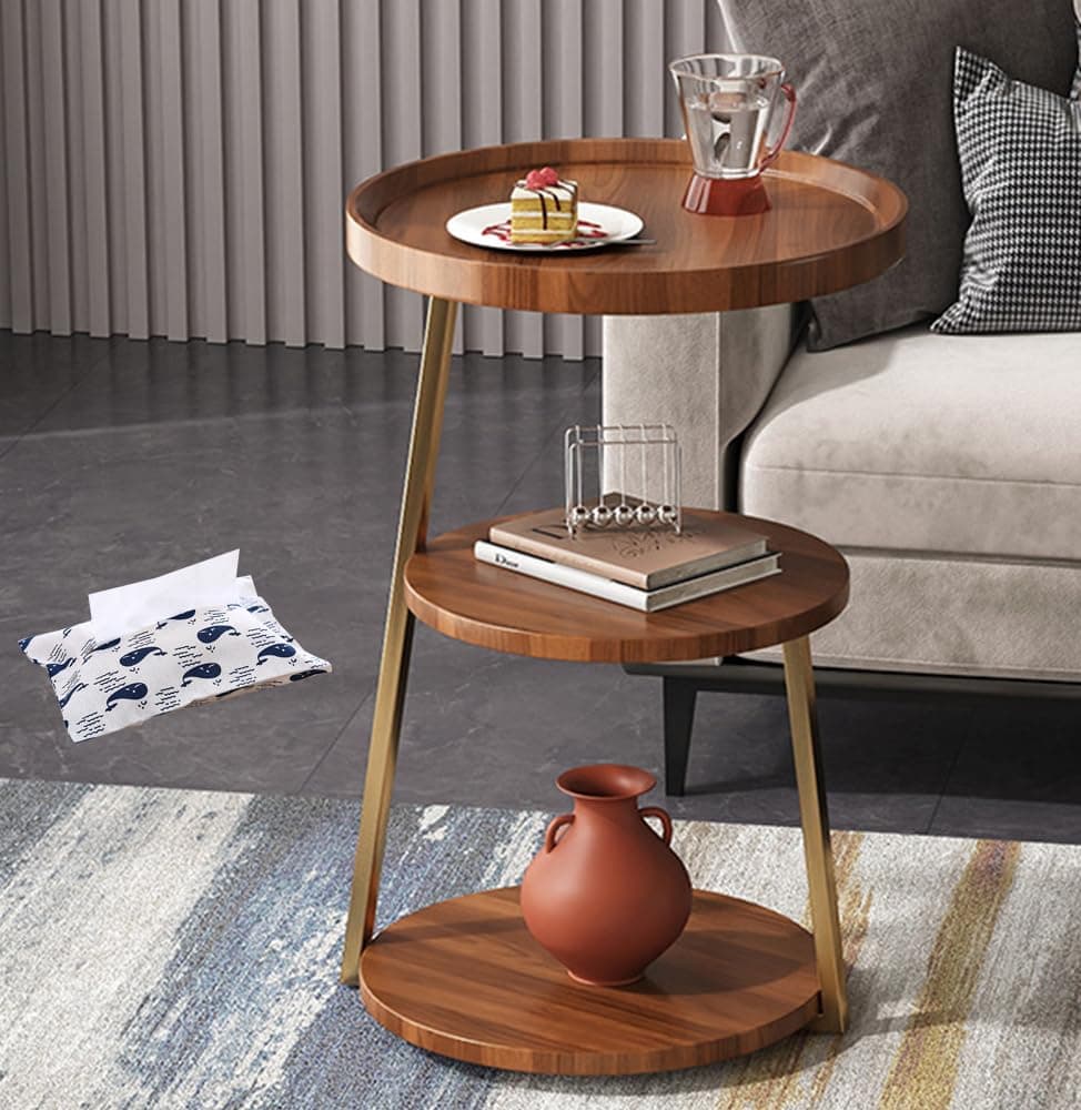 IS MUHE Round Side Table, Modern End Table in Living Room, 3 Tier Sofa Side Table, Wooden Bedside Desk Stand, Industrial Style Coffee Table for Home Decoration, Rustic (WOOD)