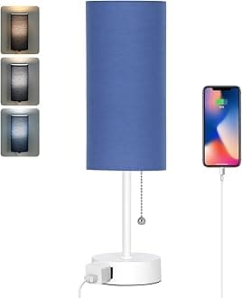 Dott Arts Table Lamp for Bedroom, 3-Color Bedside Lamps with Pull Chain, Bedroom Table Lamps for Nightstand,AC Outlet Small Lamp for Living Room, Bulb Included Blue