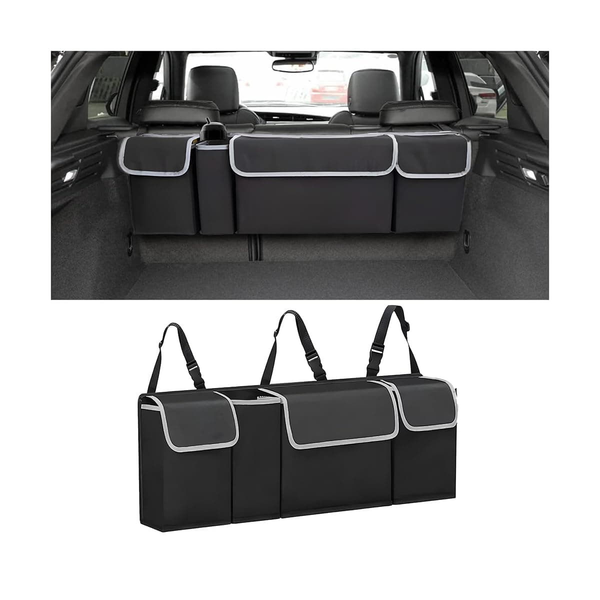 AUCELI Car Trunk Organizer, Backseat Hanging Large Storage with Adjustable Straps, Waterproof Collapsible Cargo Bag with 4 Pockets, Sturdy Space Saver Frees Trunk Floor for SUV, Truck, MPV