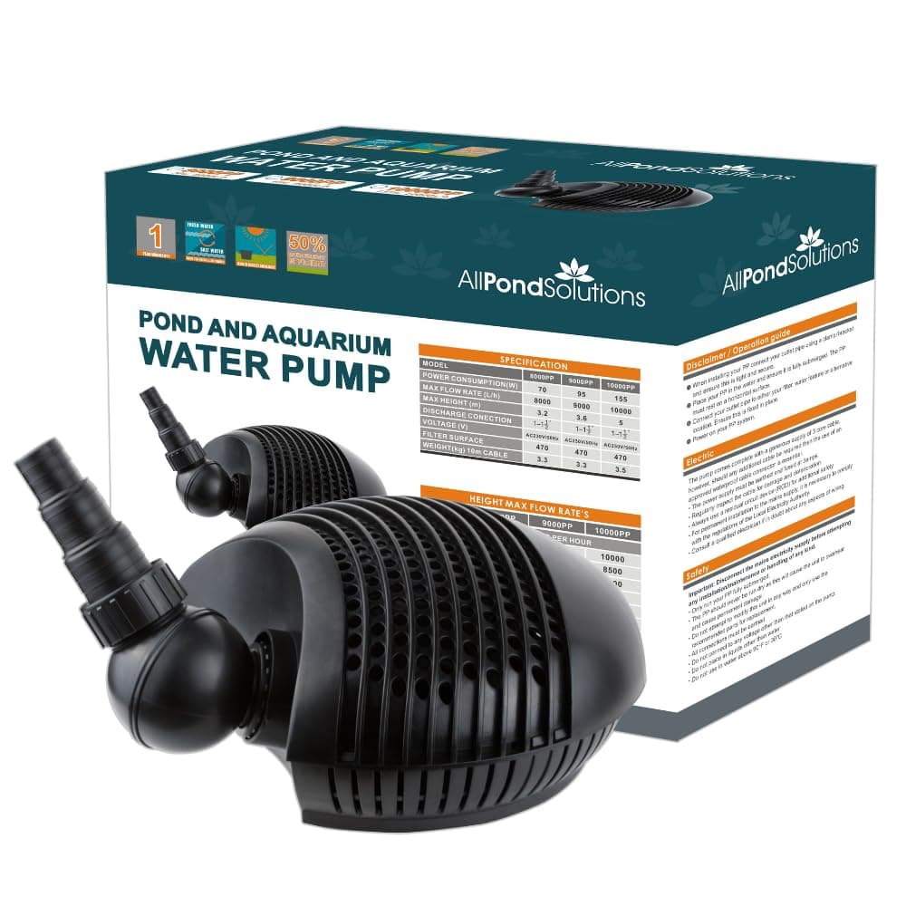 AllPondSolutions Pond Filter Pump 10000 L/H, Fully Submersible - Energy Efficient Koi Fish Waterfall Pump 6mm Solids Handling. 10000PP