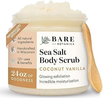 Bare Botanics Coconut Vanilla Body Scrub 24oz | Made in Madison, WI | All Natural Sea Salt Exfoliator w/ Skin Loving Moisturizers | Vegan & Cruelty Free | Gift Ready Packaging w/ a Cute Wooden Spoon