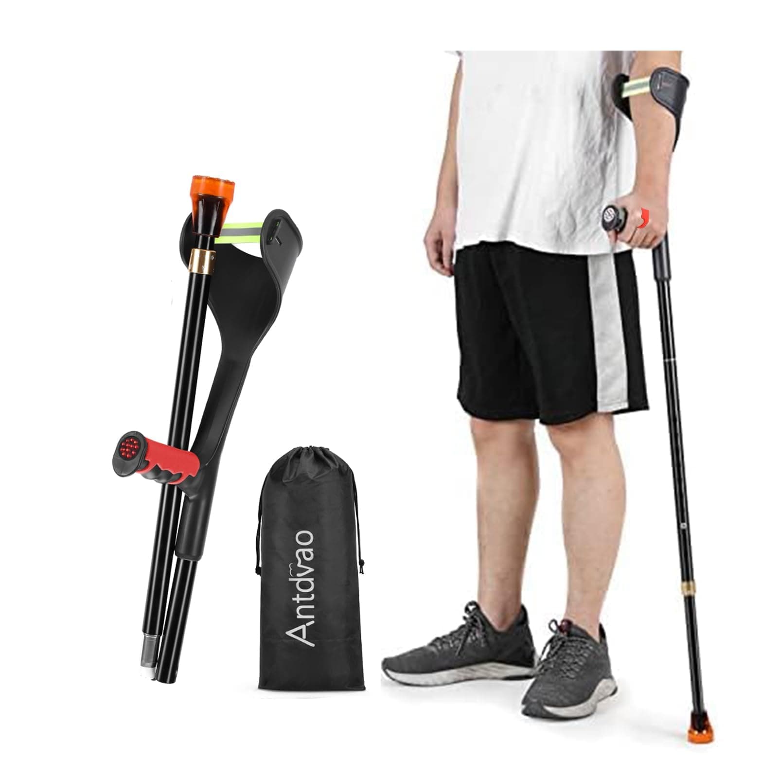 Single Forearm Crutch, Folding Forearm Crutch Lightweight Adjustable, with Rubber Handles, Comfortable Grip and Wear-Resistant, Non-Slip Forearm Crutch for Heavy Duty (Single Red)