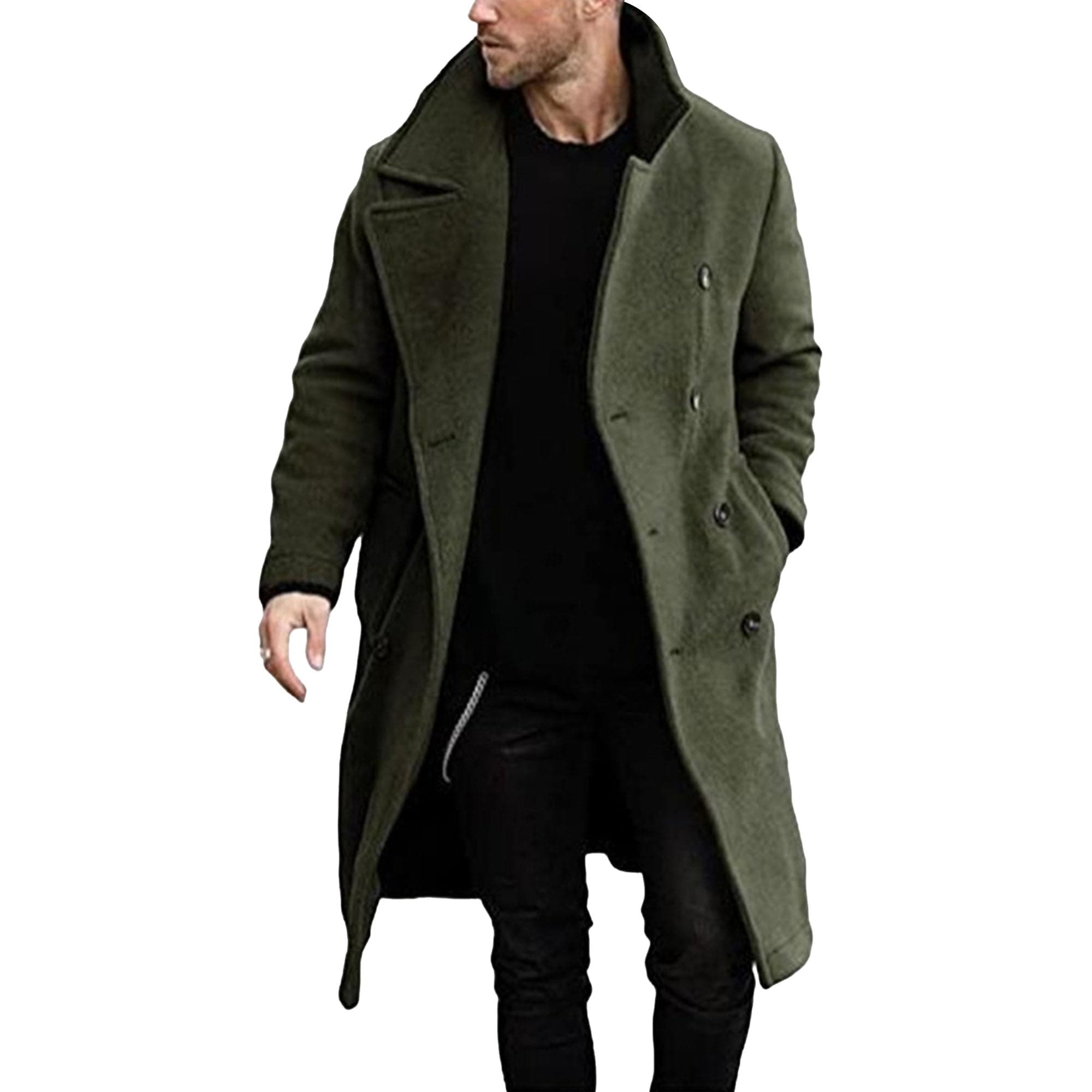 GenericMen Winter Coat Wool Blend Trench Overcoat Notched Collar Double Breasted Long Pea Coat Elegant Windbreaker Jacket