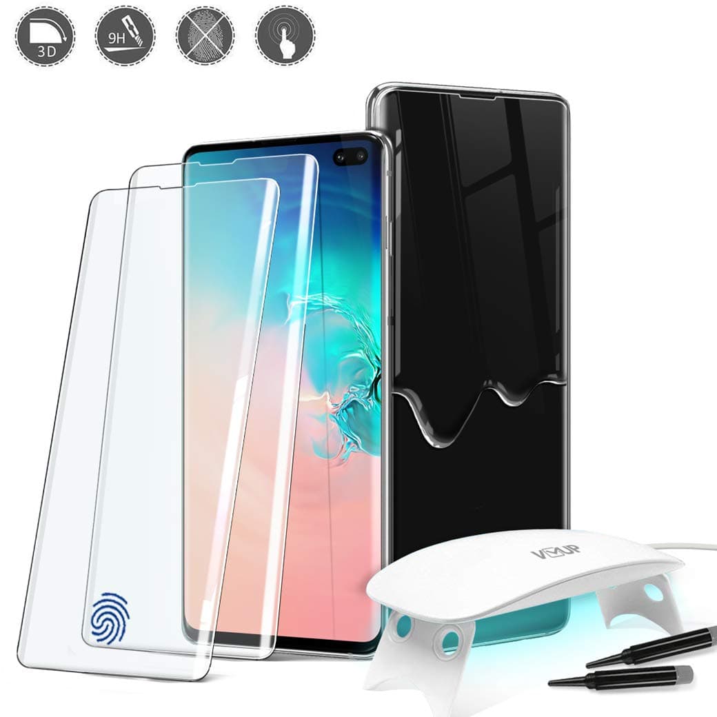 [2PACK]For Samsung Galaxy S10 Plus Glass Screen Protector [VVUP] Curved Tempered Glass Full Adhesive liquid Glue Stick [UV Lamp] CASE FRIENDLY-SUPPORT with ULTRASONIC in Fingerprint sensor (Full Pack)