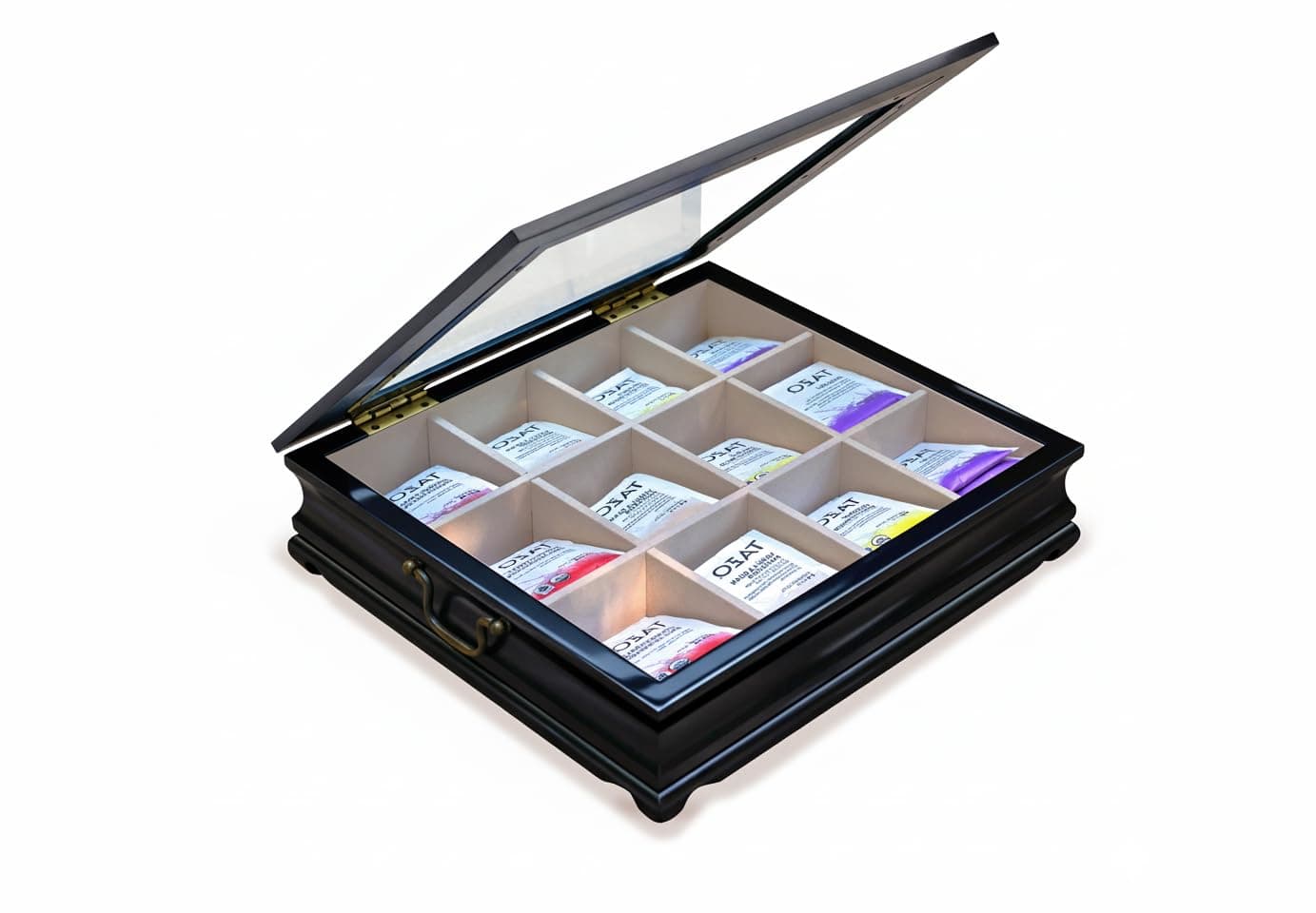 Tea Chest 12 Compartments Tea Bag Large Storage Box with Beveled Glass Lid