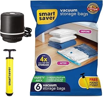 Smart Saver Plastic Vacuum Compression Bags|Vacuum Storage Bags|Vacuum Bags For Travel|Space Saver Vacuum Bags(6Variety(2 Jumbo,2Large,2Medium)+Electric Pump),White