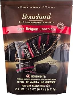 Bouchard Dark Belgian Chocolate (72% Cacao) | Individually Wrapped in Resealable Bag | No Soy, No Vanilla, No Nonsense | Non-GMO, Gluten Free, OU-D Kosher