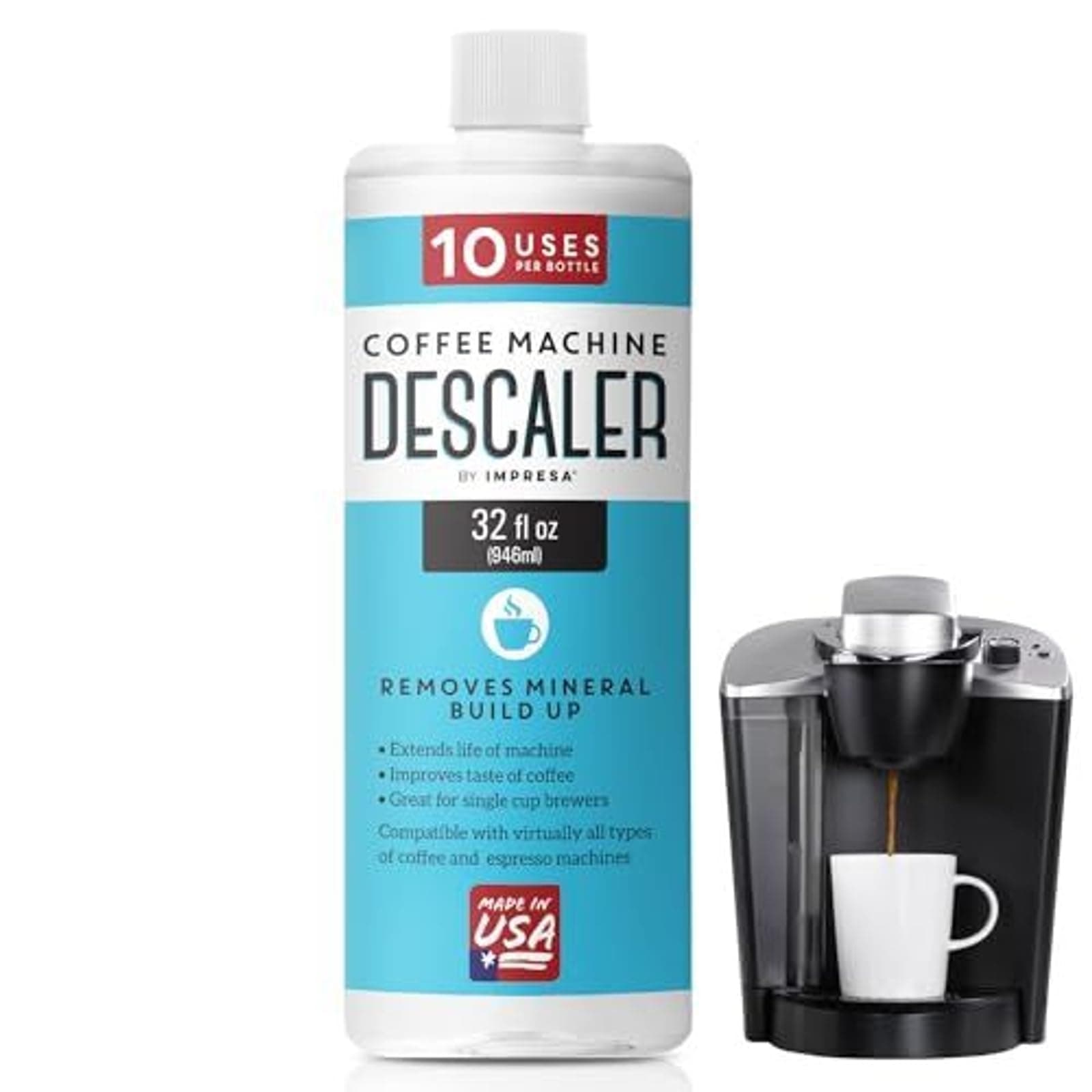 10 Uses 32oz Coffee Machine Descaler for Keurig and Virtually All Single Use Coffee and Espresso Machines - Made in the USA