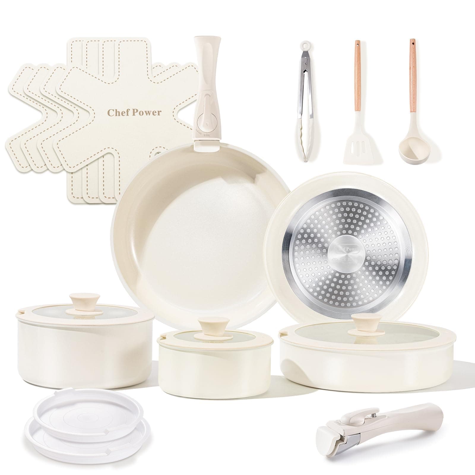 Ceramic Cookware Set Non Toxic with Detachable Handles, Healthy Nonstick Pans and Pots Set 19 Pcs, Induction Dishwasher Oven Safe Kitchen Set, PFAS PFOA & PTFE Free, Cream White