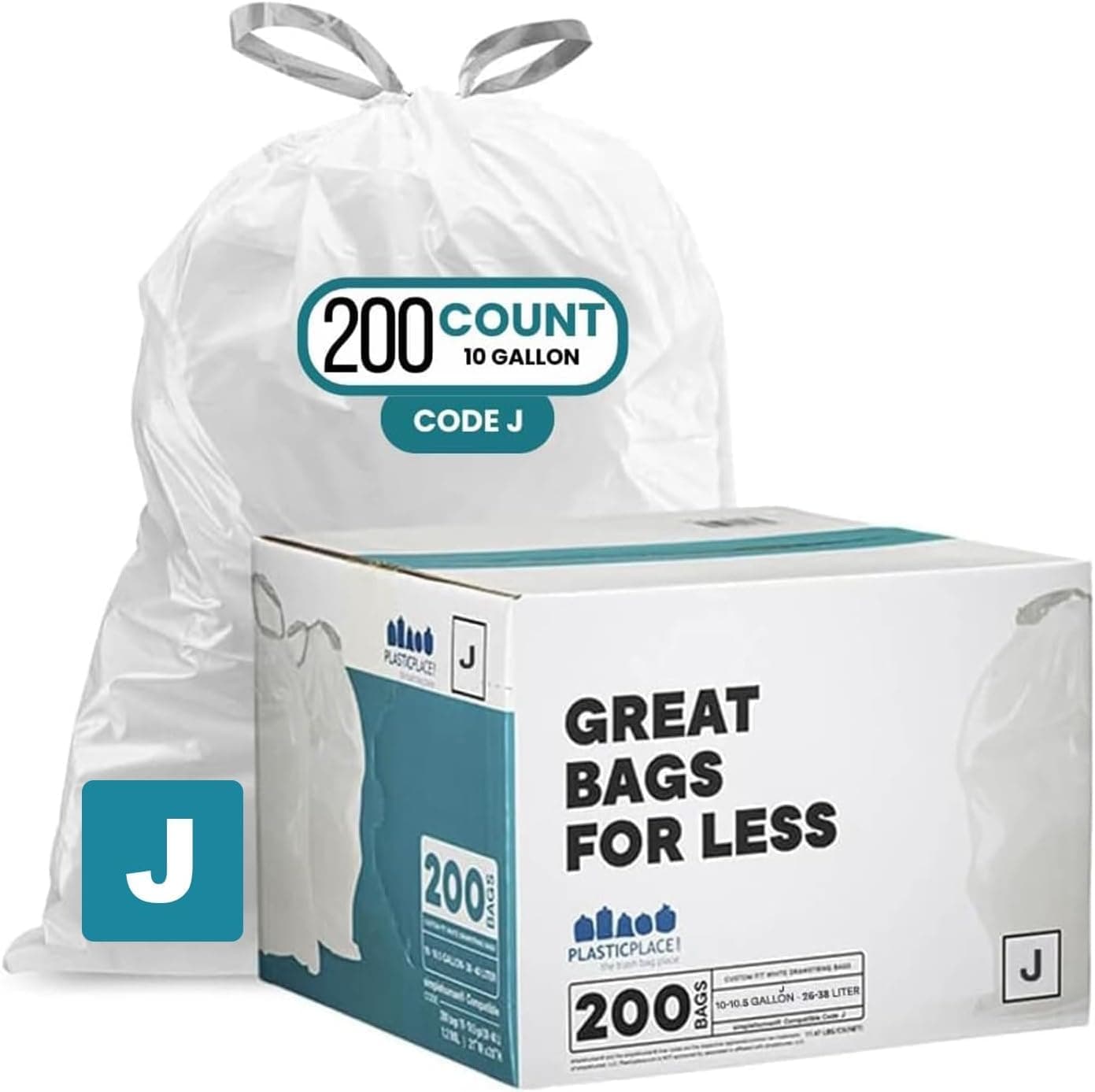 Custom Fit Trash Bags Compatible with Simplehuman Code J - 10-10.5 Gallon Drawstring Garbage Bags, Tear-Resistant, 200 Count White Trash Can Liners for Kitchens, Bathrooms & Offices
