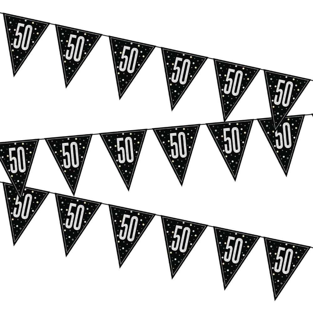 Number '50' Black Glitz Prismatic Plastic Flag Banner, 9 ft. (1 Count) - Perfect for Celebrations, Photo Booth Backdrop, Wall Decoration & More