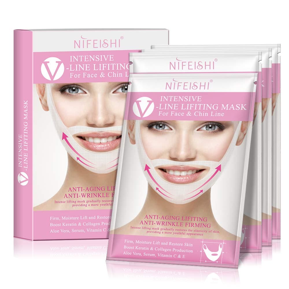 V Line Lifting Mask Chin Up Patch V Shape Face Lifting & Double Chin Reducer Intense Lifting Mask Neck Mask V Shape Face Mask for Firming Moisturizing Face & Neck Lift, Pack of 4